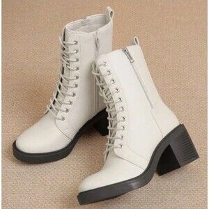 Women's Combat Boots Mid Calf Chunky Block Heel Size 8 Lace up Ankle Booties